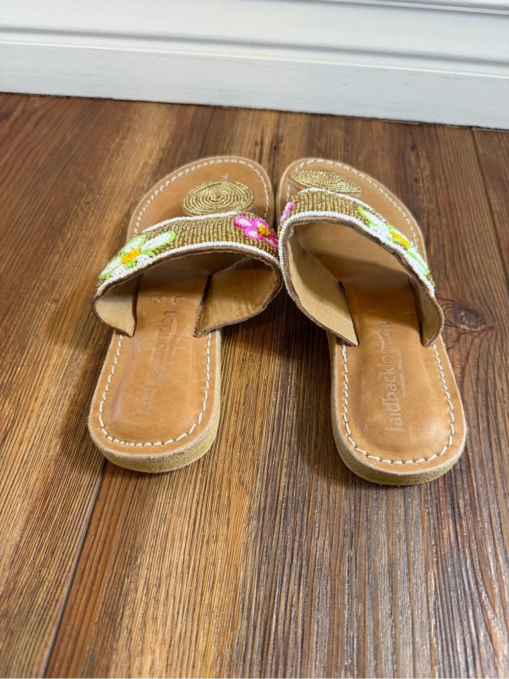 LaidbackLondon sandals handmade leather Beaded Flower Medallion  size 6 EU 36